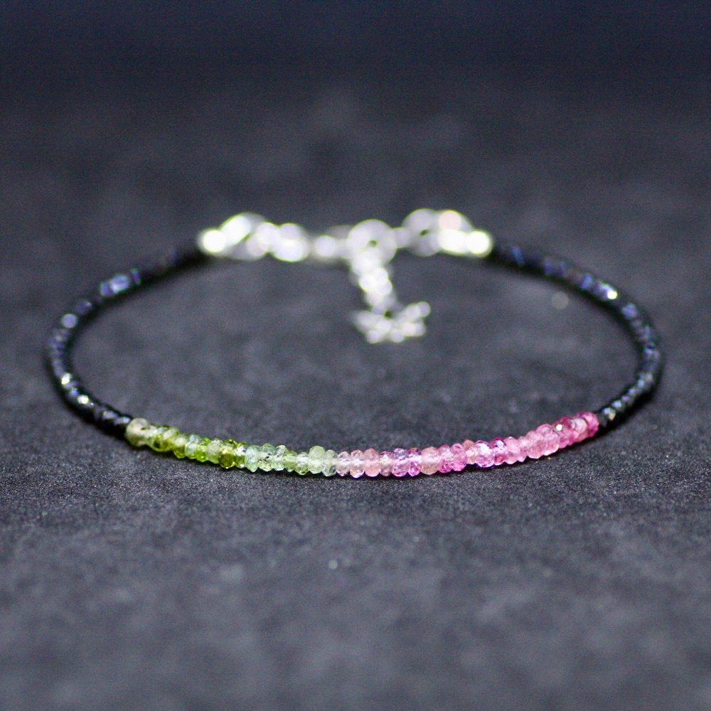New Natural Black Spinel | Watermelon Tourmaline Bracelet Sterling Silver